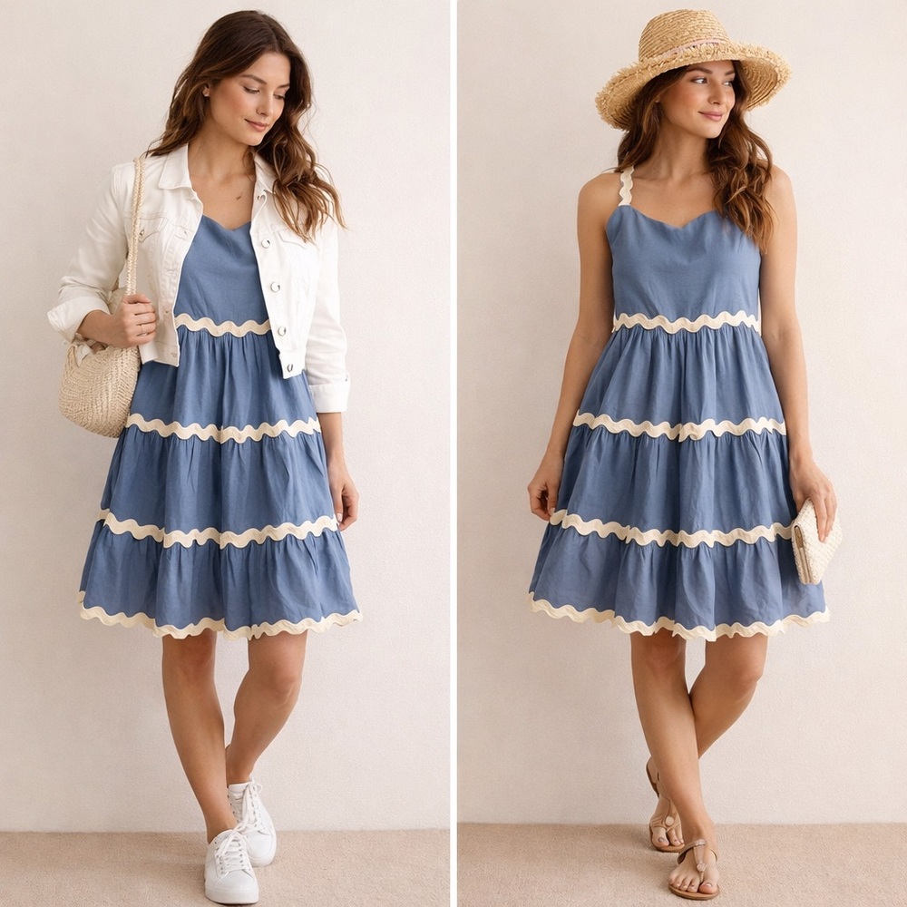 Blue Tiered Midi Dress with Cream Trim
01-0002